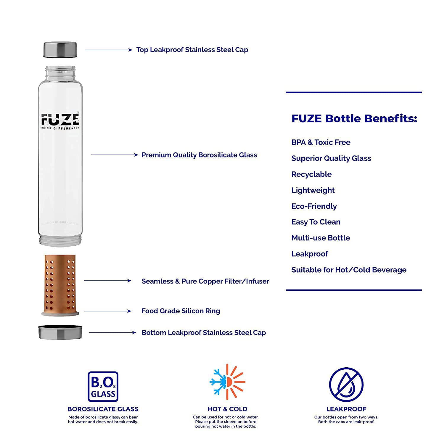 Fuze Glass Bottle with Removable Pure Copper Filter - 700 ML