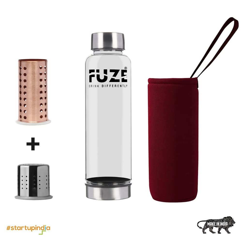 Combo offer of Fuze Borosilicate Glass Bottle with Copper Filter + Stainless Steel Filter - 500 ML