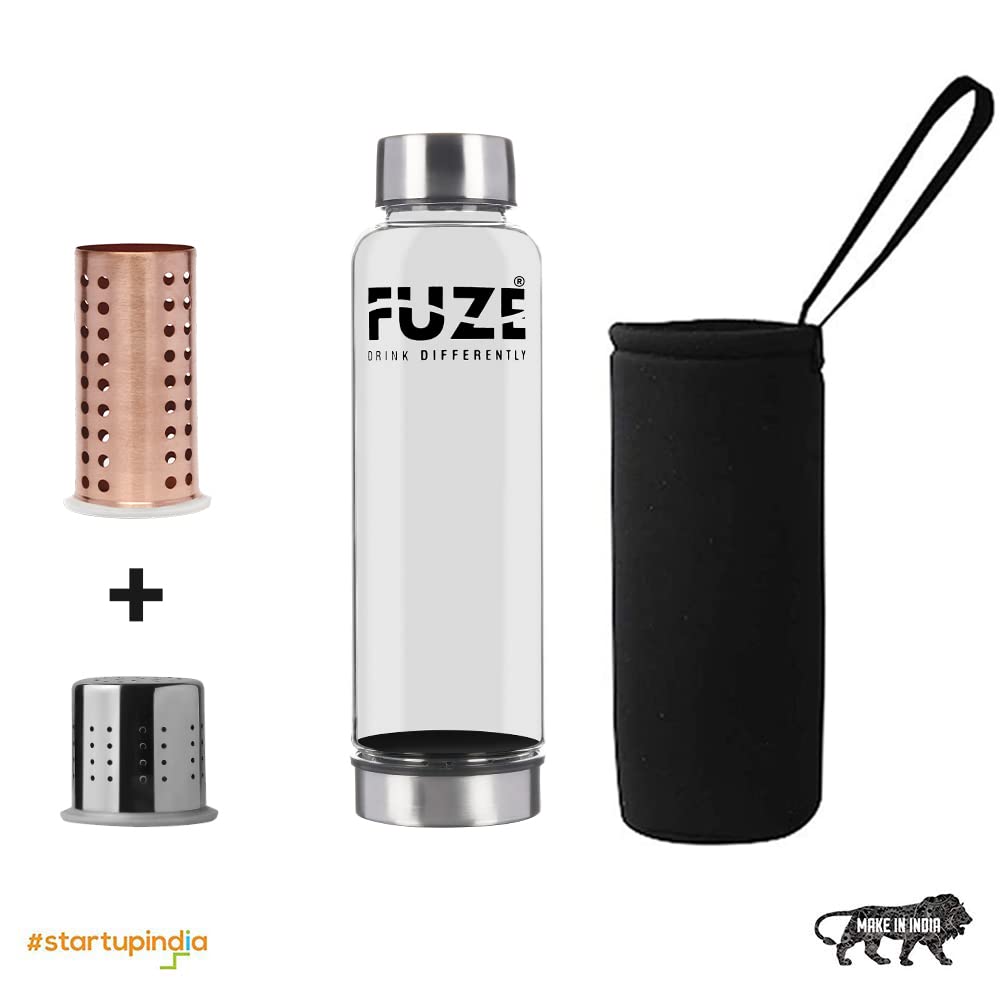 Combo offer of Fuze Borosilicate Glass Bottle with Copper Filter + Stainless Steel Filter - 500 ML