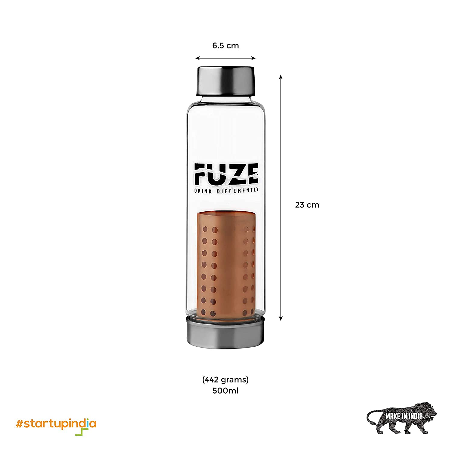 Fuze Glass Bottle with Removable Pure Copper Filter - 500 ML