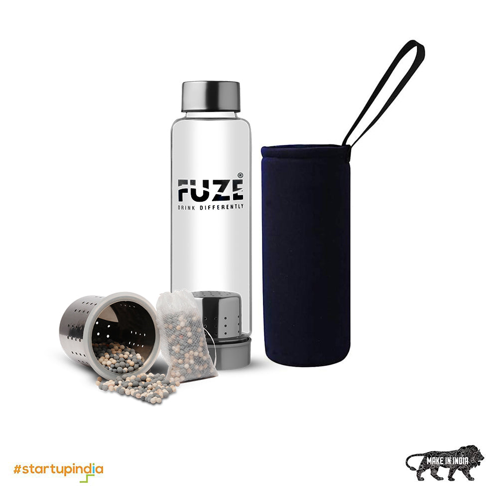 Fuze Borosilicate Glass Bottle with Removable Filter & 1 pack of Alkaline Balls. (500ml)